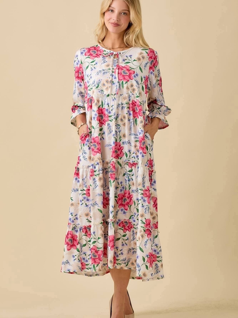 Celeste Floral Tiered Maxi Dress in Cream and Pink
